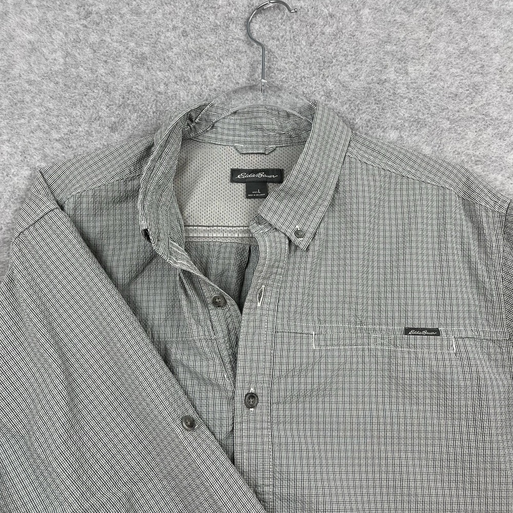 Eddie Bauer Shirt Mens Large Gray White Plaid Vented Light Hiking Fishing Nylon